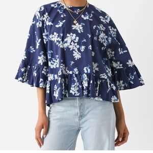 Merlette Astral Navy Blue Floral Print‎ Cotton Ruffle Top Kimono Sleeves SZ M